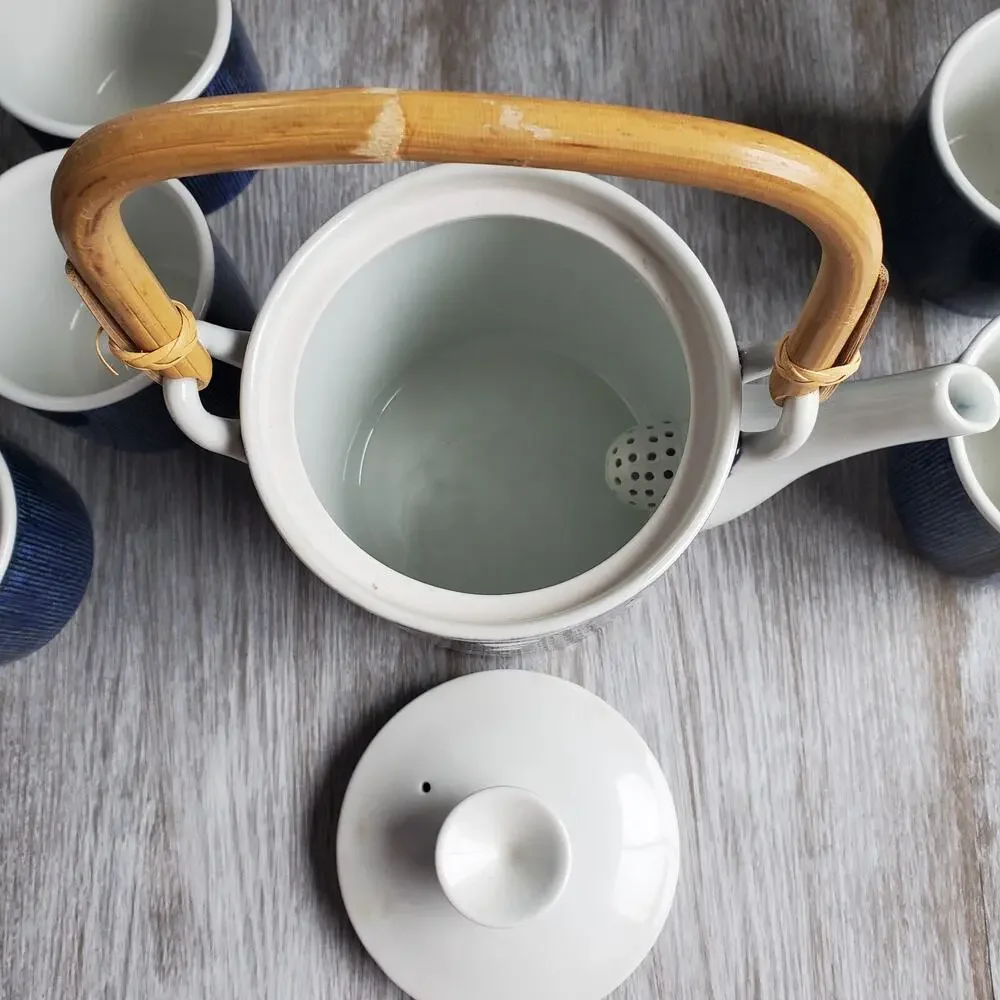 Vintage Japanese 6 Piece Tea Set Ceramic Blue and White Teapot and Cups